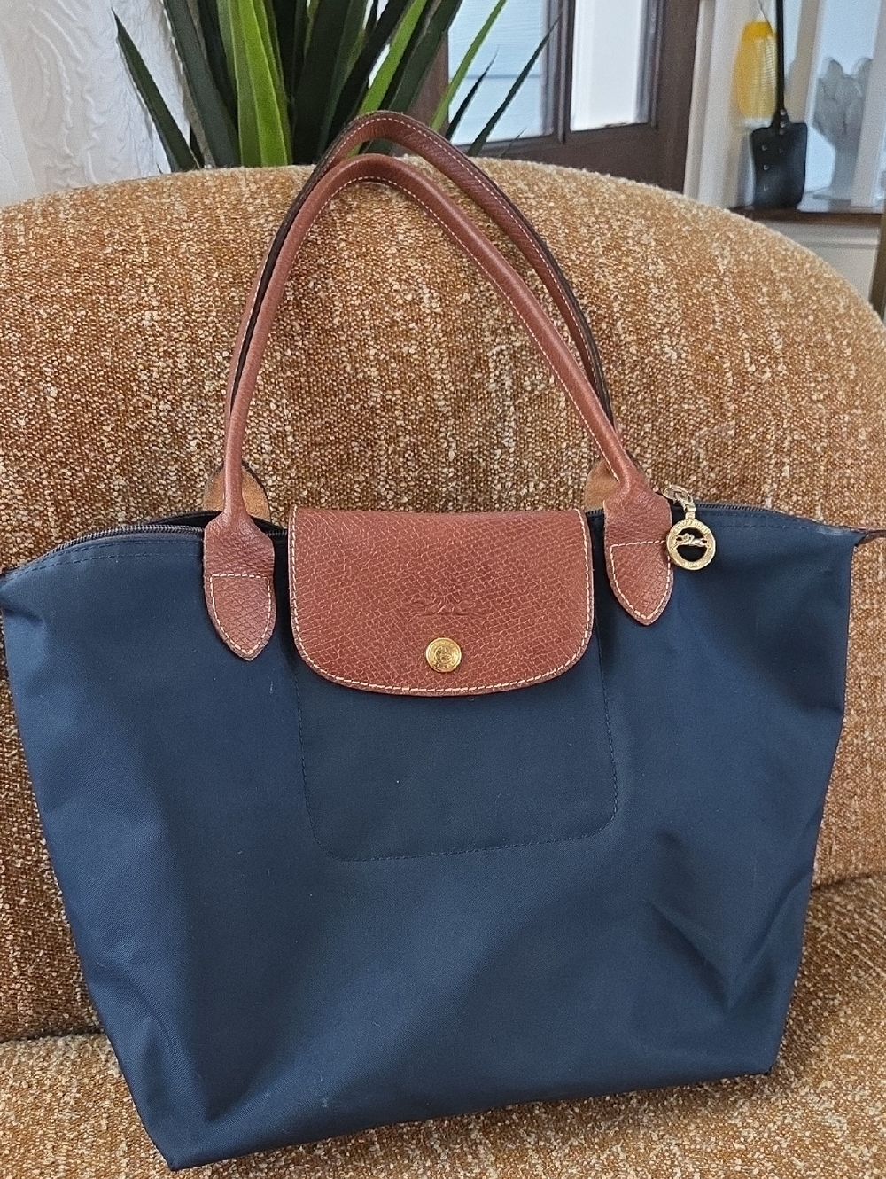 Longchamp Le Pliage Classic  Navy Tote Bag with Brown Leather Trim
